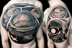 An astronaut helmet. it looks directly at you. there is an alien landscape around tattoo idea