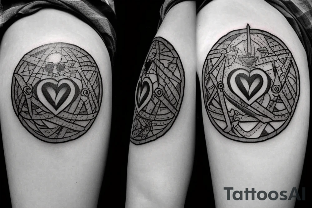 A sword with a crown as the pommel and a heart on the blade. All surrounded by a circle tattoo idea