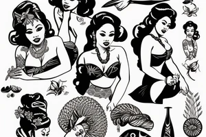 African Filipina Hula pin up Girl full body pose tattoo idea