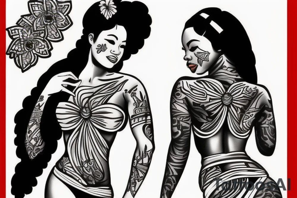 African Filipina Hula pin up Girl full body pose tattoo idea