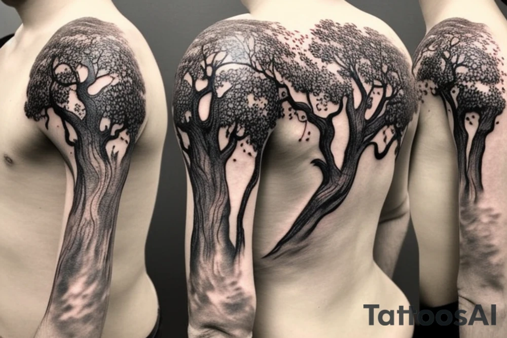Iggdrasil tree around the shoulder tattoo idea