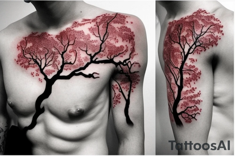 Japanese tree red color on stomach tattoo idea