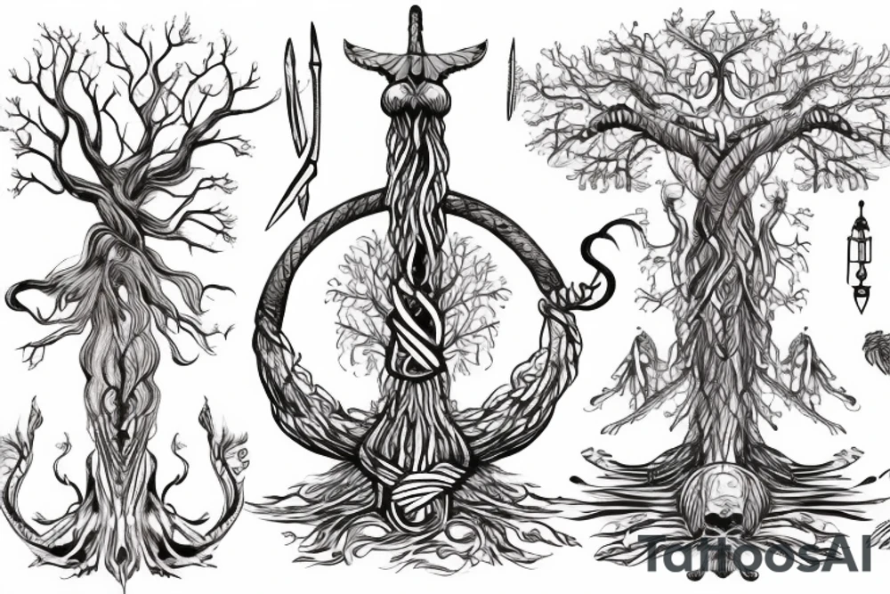 viking ship and iggdrasil tree on the background tattoo idea