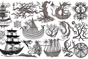 viking ship and iggdrasil tree on the background tattoo idea