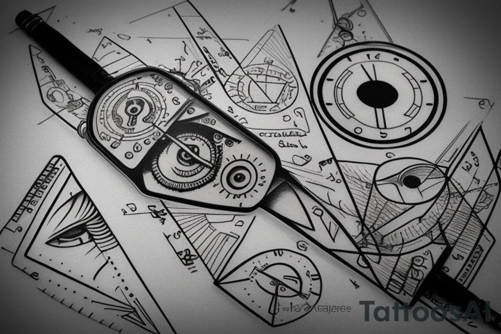 Triangle, mechanical watch, an eye and an airplane tattoo idea Triangle, mechanical watch, an eye and an airplane tattoo idea