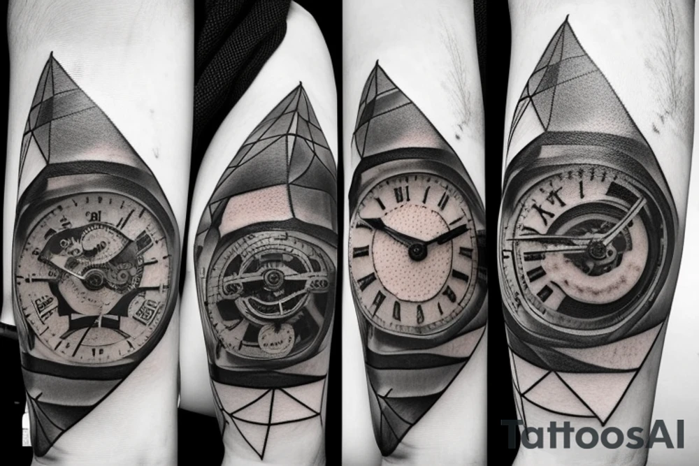 Triangle, old mechanical watch, a realistic eye and an airplane flying around the globe tattoo idea