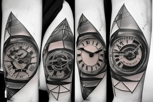 Triangle, old mechanical watch, a realistic eye and an airplane flying around the globe tattoo idea
