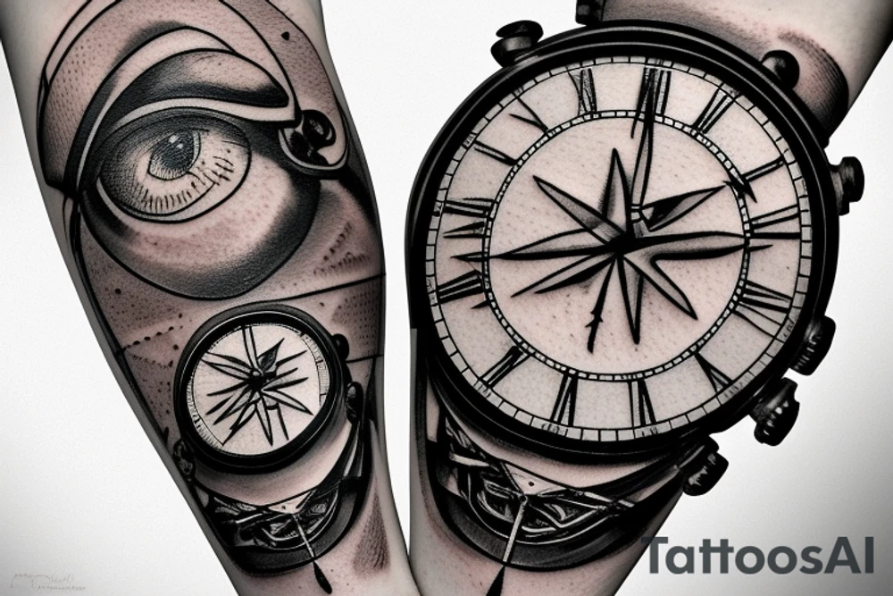 Triangle, old mechanical watch, a realistic eye and an airplane flying around the globe tattoo idea