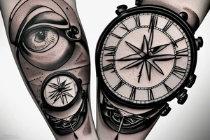 Triangle, old mechanical watch, a realistic eye and an airplane flying around the globe tattoo idea