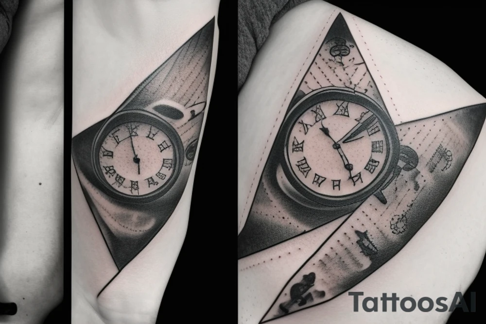 Triangle, old mechanical watch, a realistic eye and an airplane flying around the globe tattoo idea