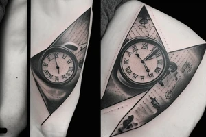 Triangle, old mechanical watch, a realistic eye and an airplane flying around the globe tattoo idea