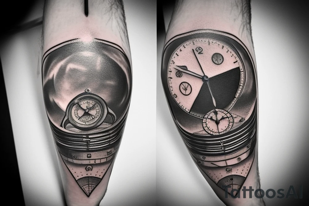 Triangle, old mechanical watch, a realistic eye and an airplane flying around the globe tattoo idea
