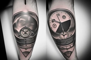 Triangle, old mechanical watch, a realistic eye and an airplane flying around the globe tattoo idea