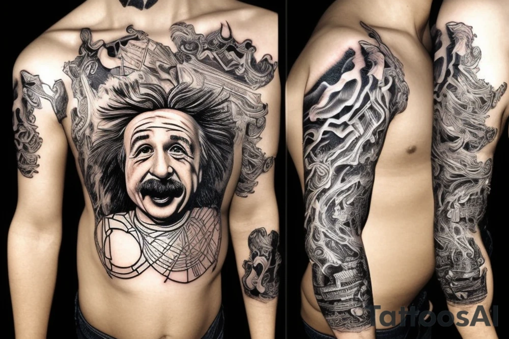 science based full sleeve with einstein and geometry tattoo idea
