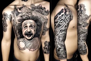 science based full sleeve with einstein and geometry tattoo idea