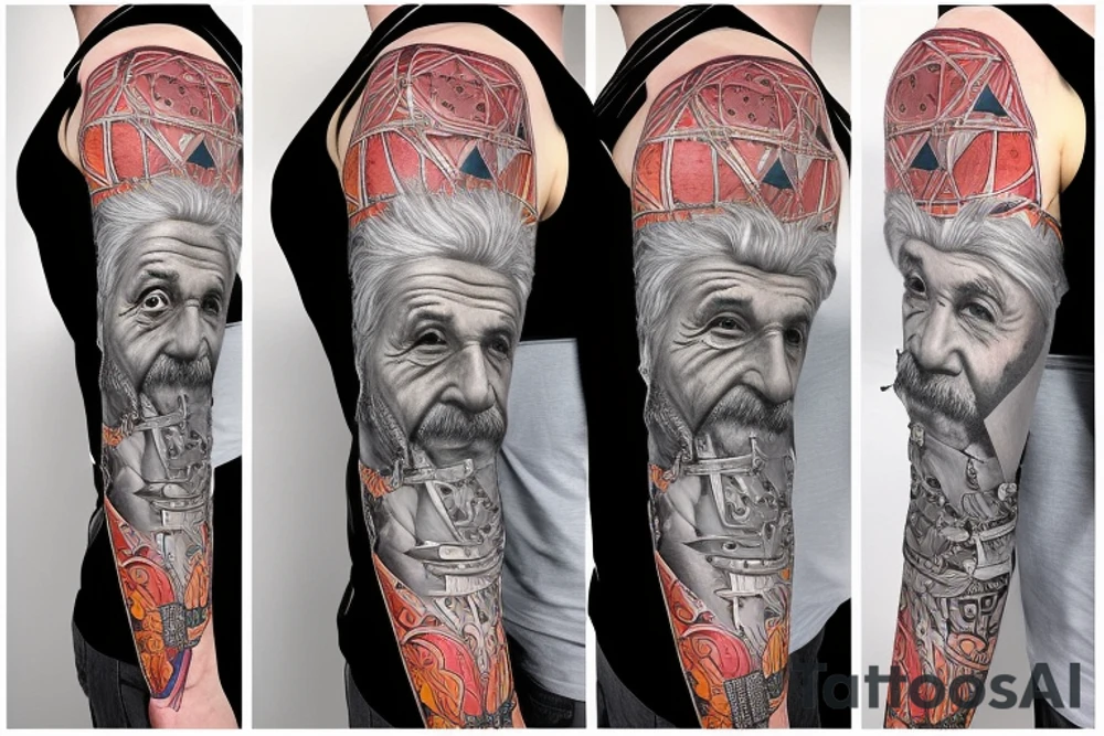 science based full sleeve with einstein and geometry tattoo idea