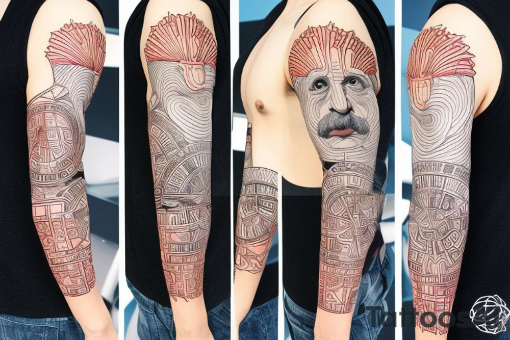 science based full sleeve with einstein and geometry tattoo idea