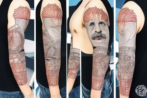 science based full sleeve with einstein and geometry tattoo idea