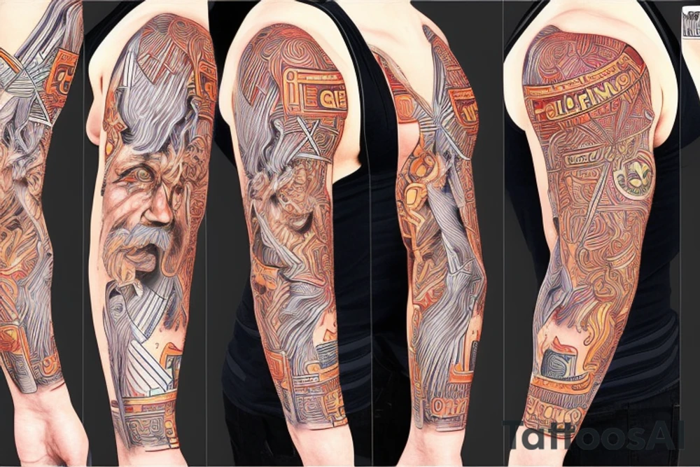 science based full sleeve with einstein and geometry tattoo idea