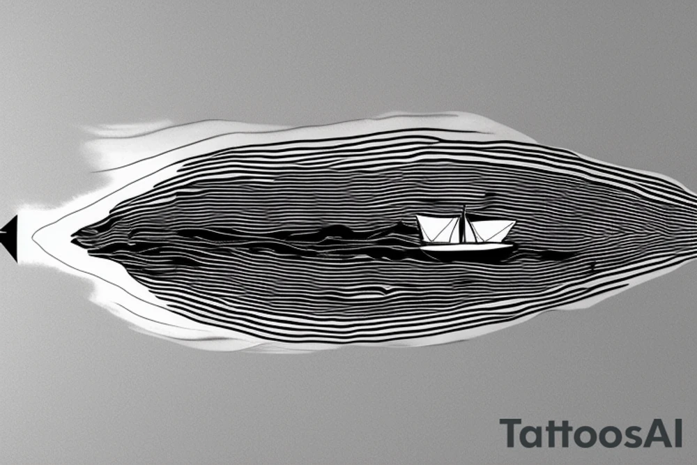 Top down view of a sailboat leaving a trail of oil ripples tattoo idea