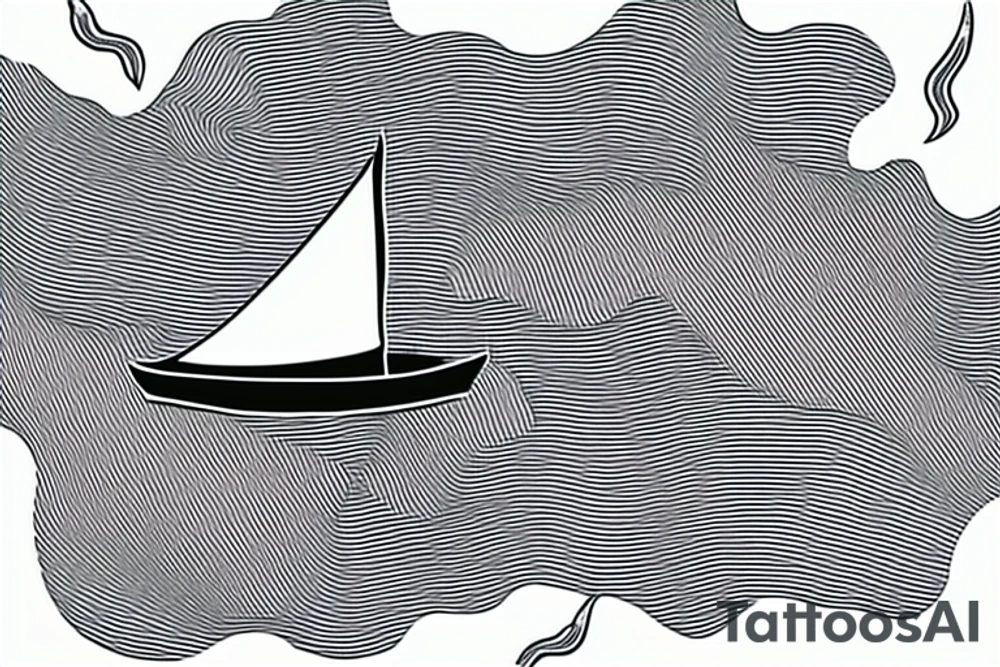 Top down view of a sailboat leaving a trail of oil ripples tattoo idea