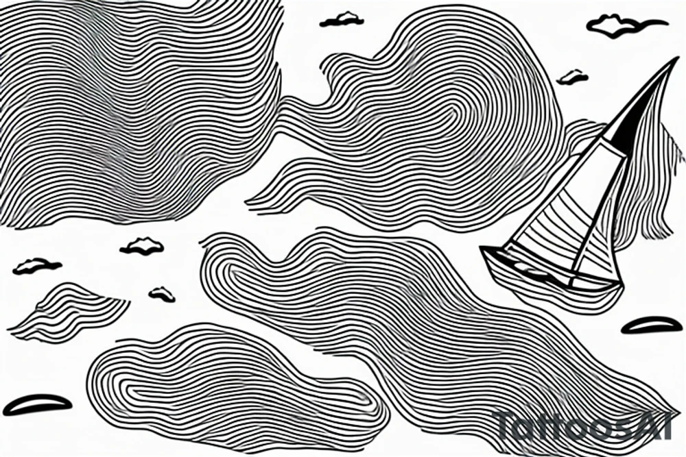 Top down view of a sailboat leaving a trail of oil ripples tattoo idea