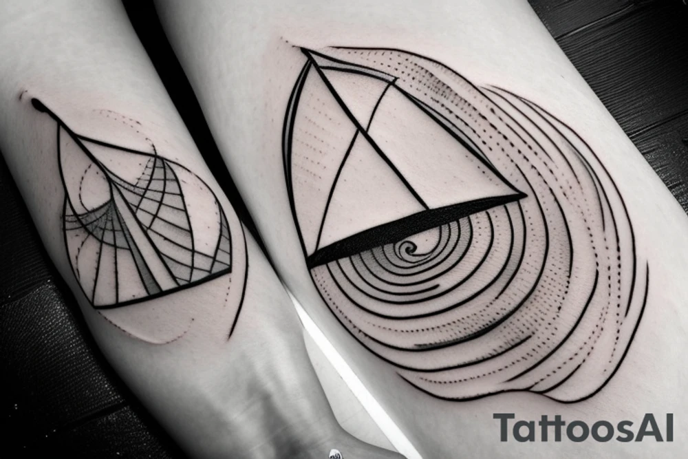 Top down view of a sailboat leaving a trail of oil ripples tattoo idea