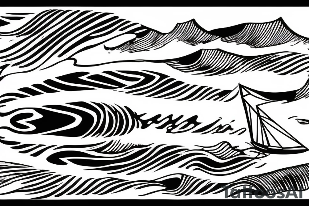 Top down view of a sailboat leaving a trail of oil ripples tattoo idea