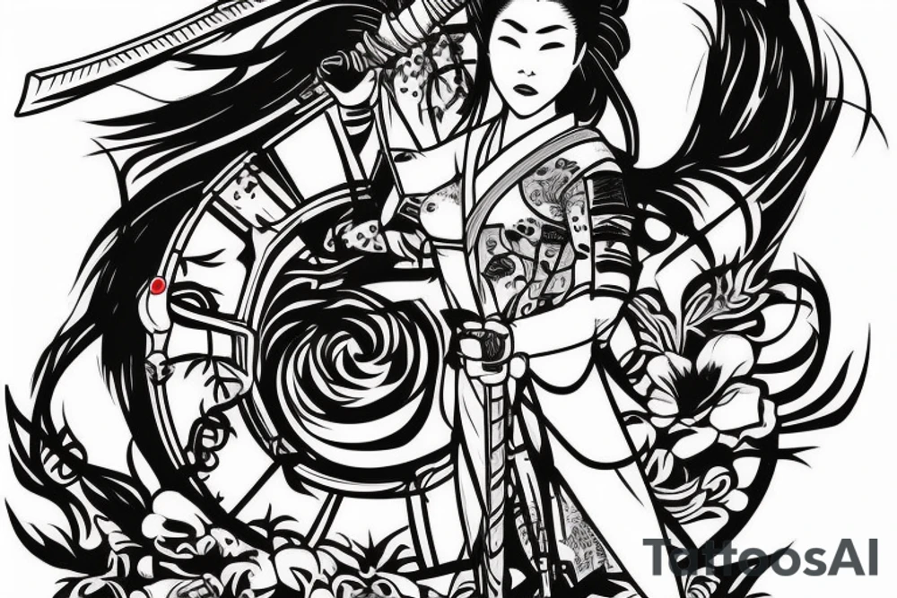 A female samurai having a banner on her back while holding a sword on the other hand looking badass tattoo idea