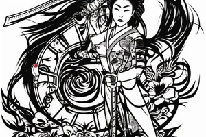 A female samurai having a banner on her back while holding a sword on the other hand looking badass tattoo idea