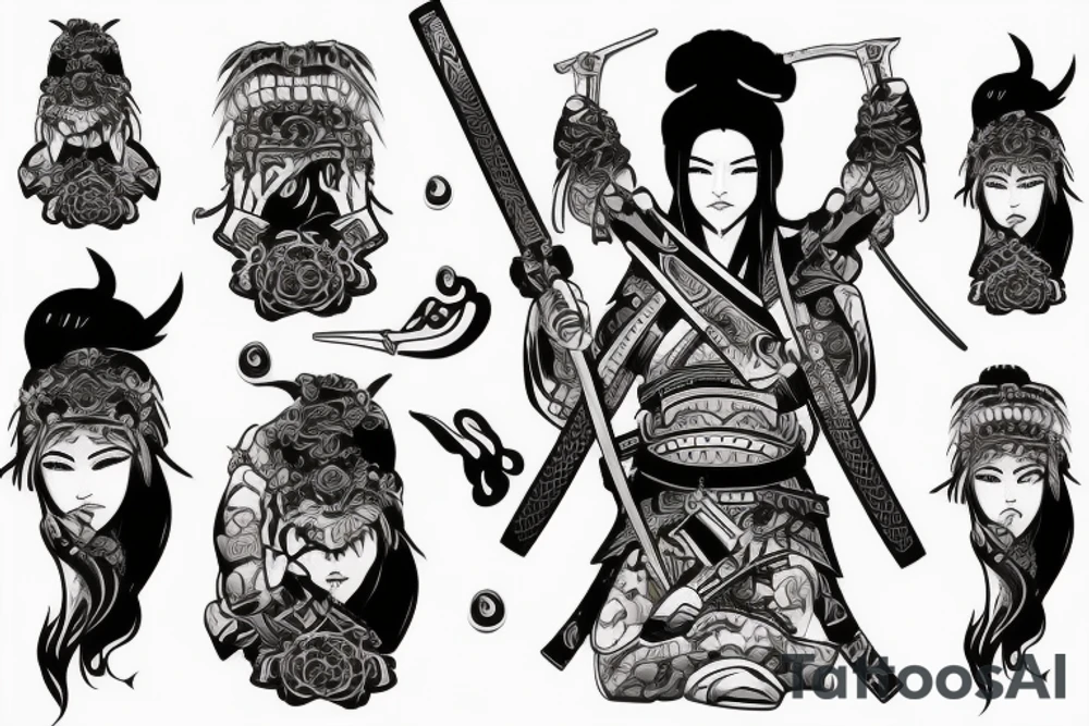 A female samurai having a banner on her back while holding a sword on the other hand looking badass tattoo idea