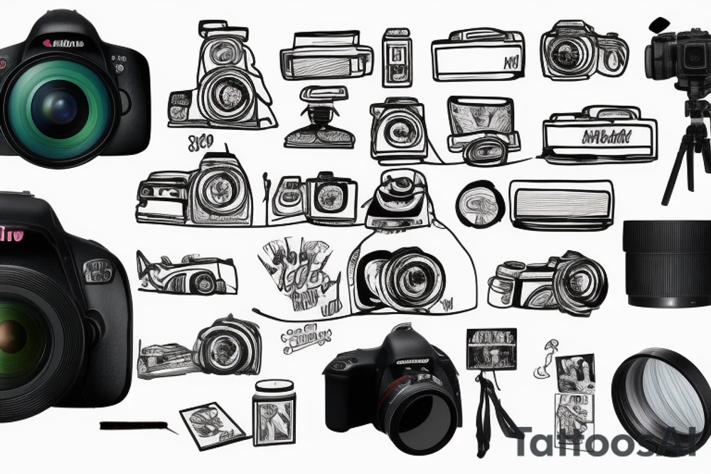 A DSLR Camera but the lens reflection shows a skyline tattoo idea