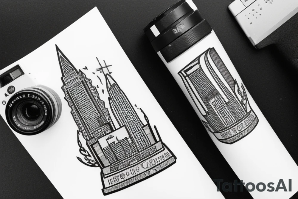 A DSLR Camera but the lens reflection shows a skyline tattoo idea