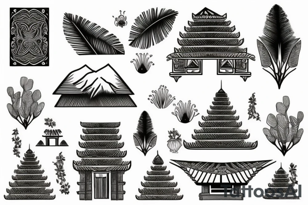 vertical rectangle outline with Balinese mountains, temple, and plants tattoo idea