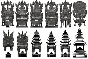bali temple, gates and mountains. rectangle vertical outline tattoo idea