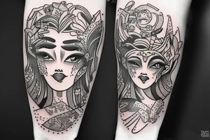 forearm tattoo of pandora, a mythical woman who opens a box full of wonder tattoo idea