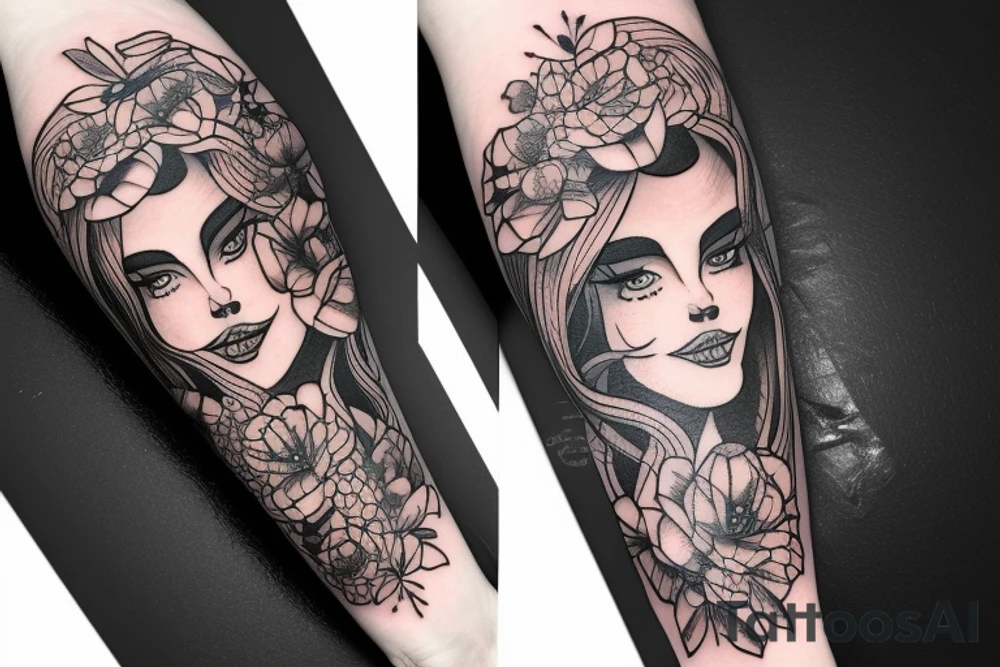 neotraditional forearm tattoo of a woman who opens a box full of wonder tattoo idea