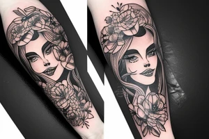 neotraditional forearm tattoo of a woman who opens a box full of wonder tattoo idea