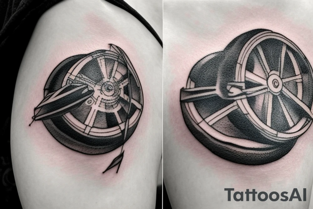 Inside a 2 inch circle, design a realistic looking tattoo in JPEG format and include the following realistic looking elements

Map pin
Airplane
Steering wheel
White Shoes
Black Backpack
Road
Water Bottle tattoo idea
