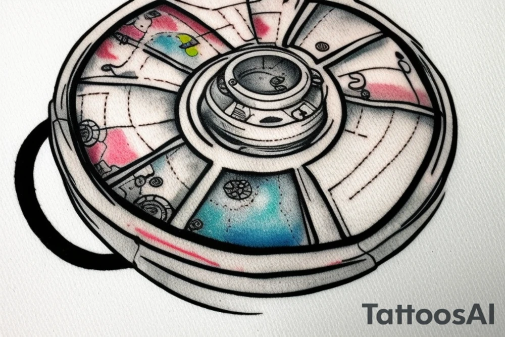 Inside a 2 inch circle, design a realistic looking tattoo in JPEG format and include the following realistic looking elements

Map pin
Airplane
Steering wheel
White Shoes
Black Backpack
Road
Water Bottle tattoo idea