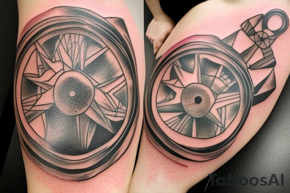 Inside a 2 inch circle, design a realistic looking tattoo in JPEG format and include the following realistic looking elements

Map pin
Airplane
Steering wheel
White Shoes
Black Backpack
Road
Water Bottle tattoo idea
