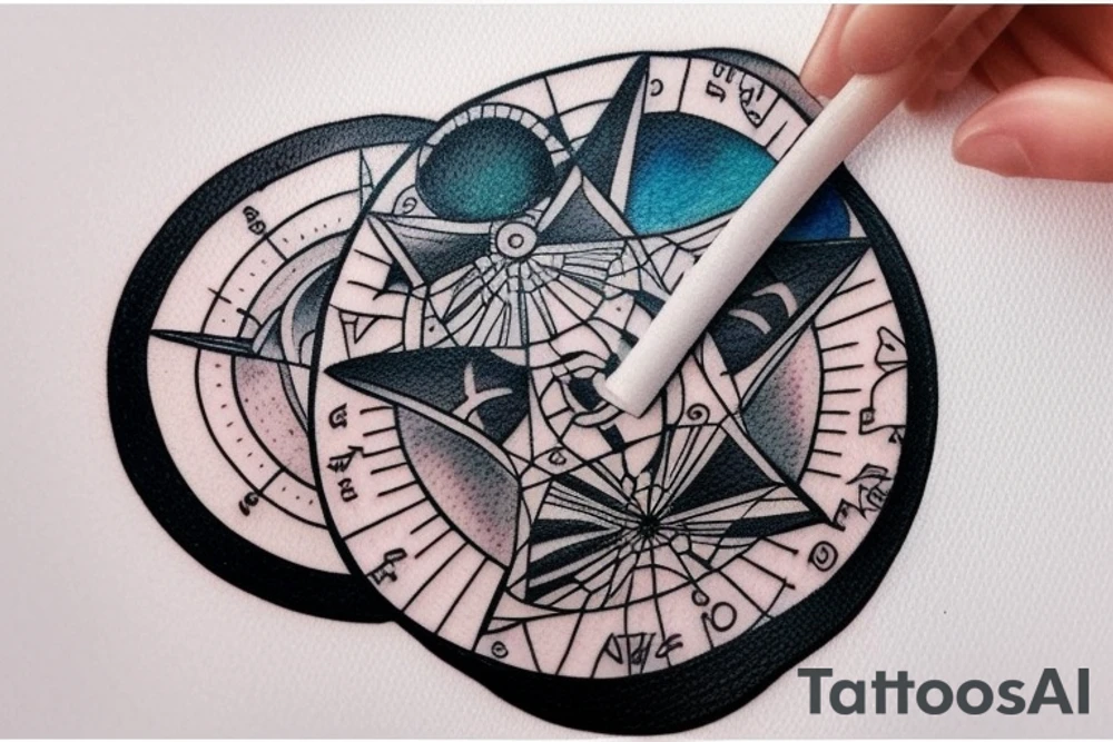 Inside a 2 inch circle, design a realistic looking tattoo in JPEG format and include the following realistic looking elements

Map pin
Airplane
Steering wheel
White Shoes
Black Backpack
Road
Water Bottle tattoo idea