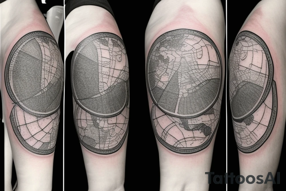 Inside a 2 inch circle, design a tattoo in JPEG format and include the following realistic looking elements

Elements:
Map pin
Airplane
Steering wheel
White Shoes
Black Backpack
Road
Water Bottle tattoo idea