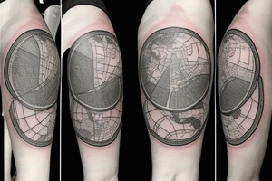 Inside a 2 inch circle, design a tattoo in JPEG format and include the following realistic looking elements

Elements:
Map pin
Airplane
Steering wheel
White Shoes
Black Backpack
Road
Water Bottle tattoo idea