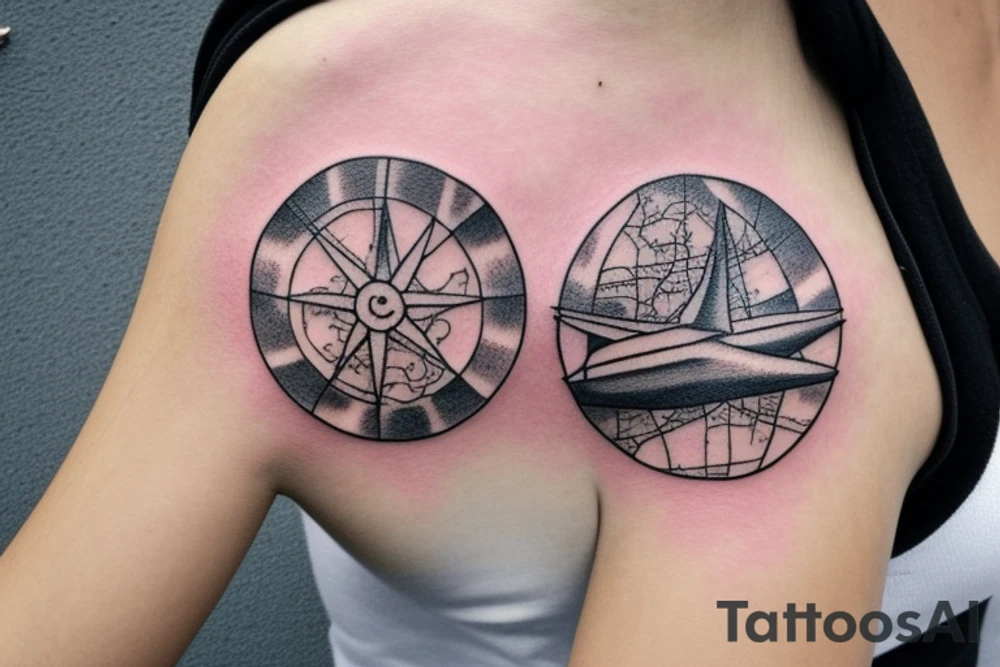 Inside a 2 inch circle, design a tattoo in JPEG format and include the following realistic looking elements

Elements:
Map pin
Airplane
Steering wheel
White Shoes
Black Backpack
Road
Water Bottle tattoo idea