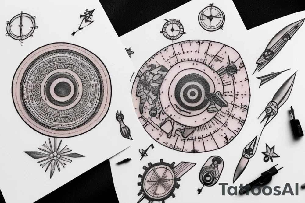 Inside one 2 inch circle, design a tattoo in JPEG format and include all the following realistic looking elements

Elements:
Map pin
Airplane
Steering wheel
White Shoes
Black Backpack
Road
Water Bottle tattoo idea
