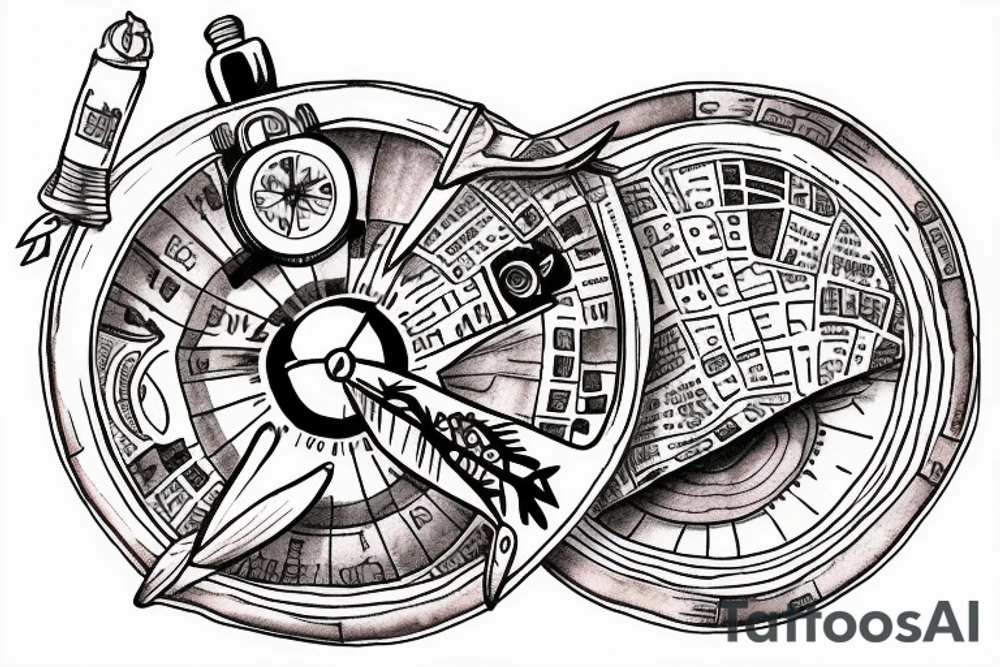 Inside one 2 inch circle, design a tattoo in JPEG format and include all the following realistic looking elements

Elements:
Map pin
Airplane
Steering wheel
White Shoes
Black Backpack
Road
Water Bottle tattoo idea
