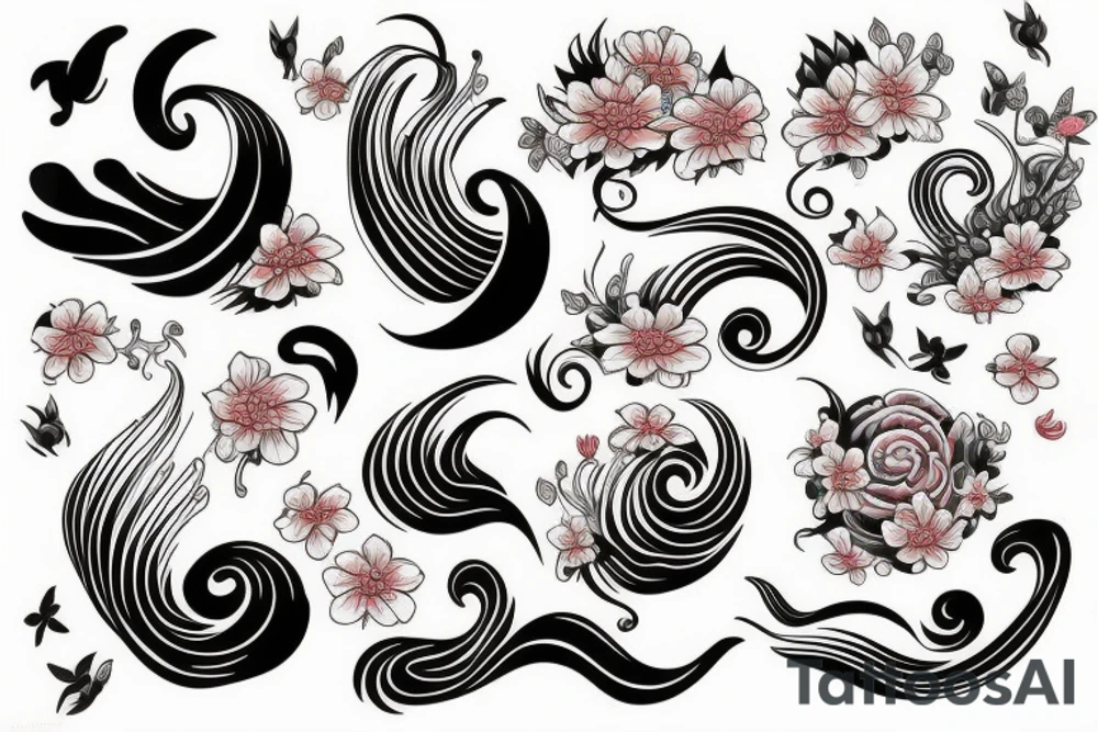 flowers with waves and animal tattoo idea
