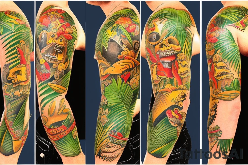 Traditional,  tropical, tiki, jimmy buffet sleeve tattoo idea