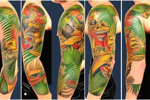 Traditional,  tropical, tiki, jimmy buffet sleeve tattoo idea
